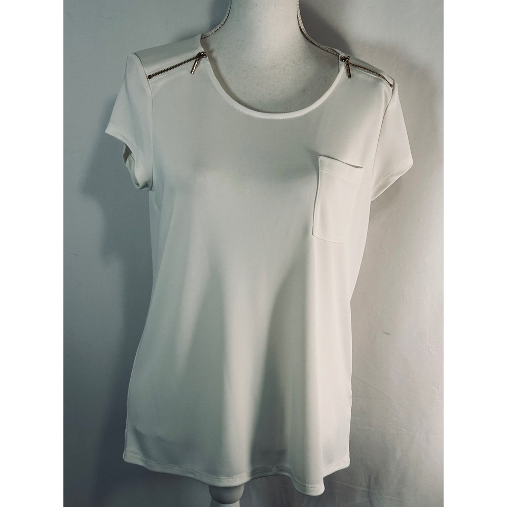 Nine West Womens Ivory White Short Sleeve Zipper Shoulder Pocket Blouse Top M